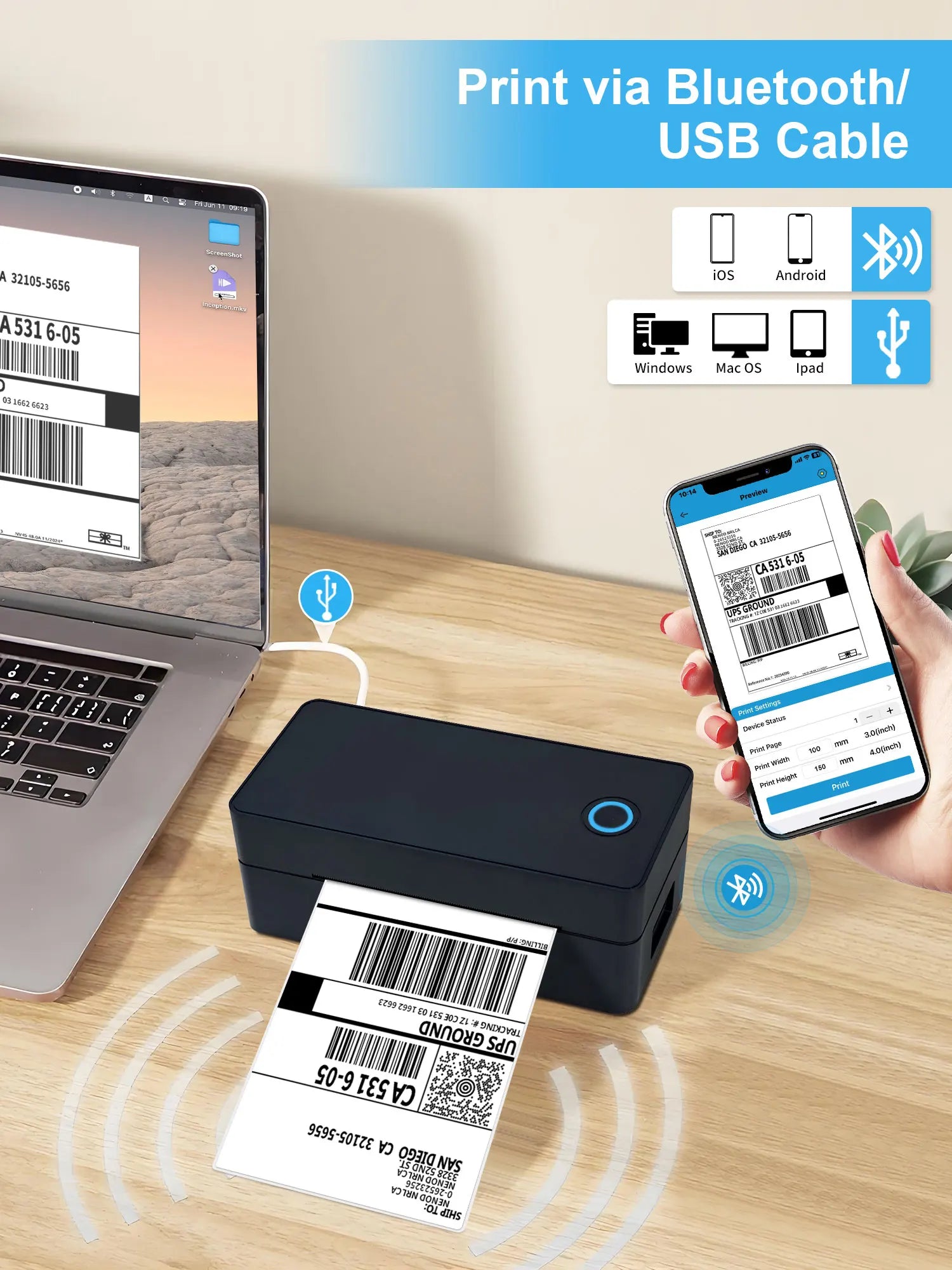 Portable Thermal Label Printer 203 DPI – Inkless 4x6 Shipping Label Printer with Bluetooth & USB for Small Business