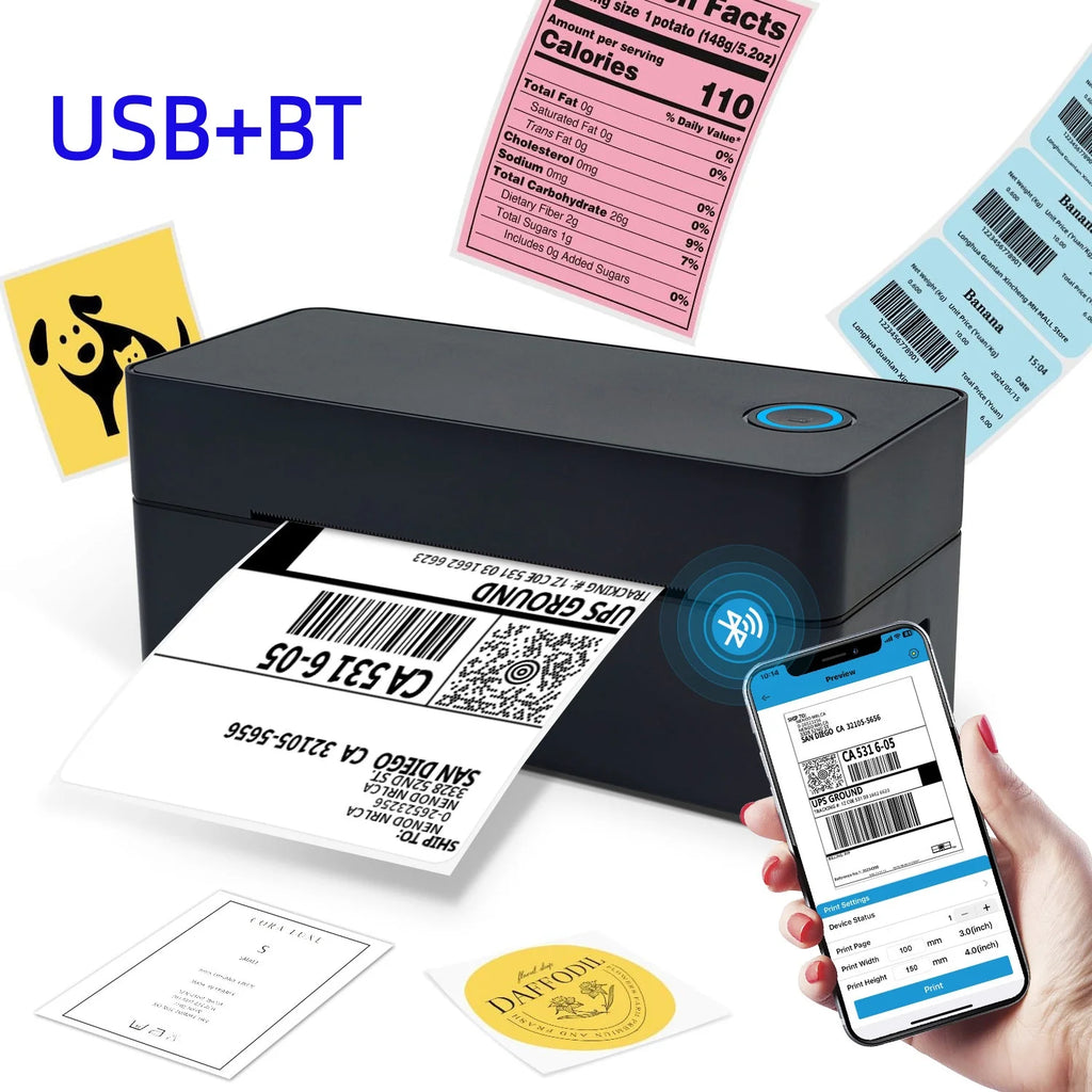 Portable Thermal Label Printer 203 DPI – Inkless 4x6 Shipping Label Printer with Bluetooth & USB for Small Business