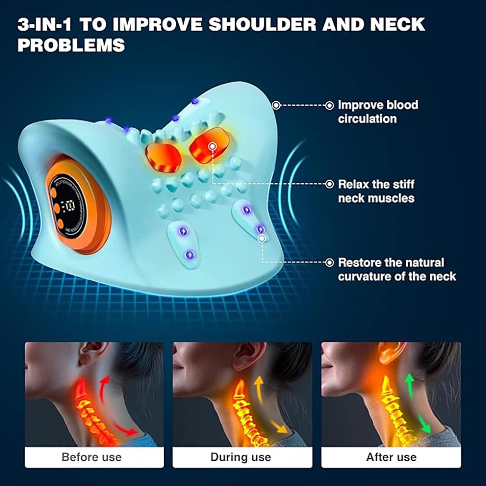 EMS Neck Cervical Massager With Heat, Portable Low-Frequency Pulse Neck Spine Traction Relaxer Massage Pillow With Remote