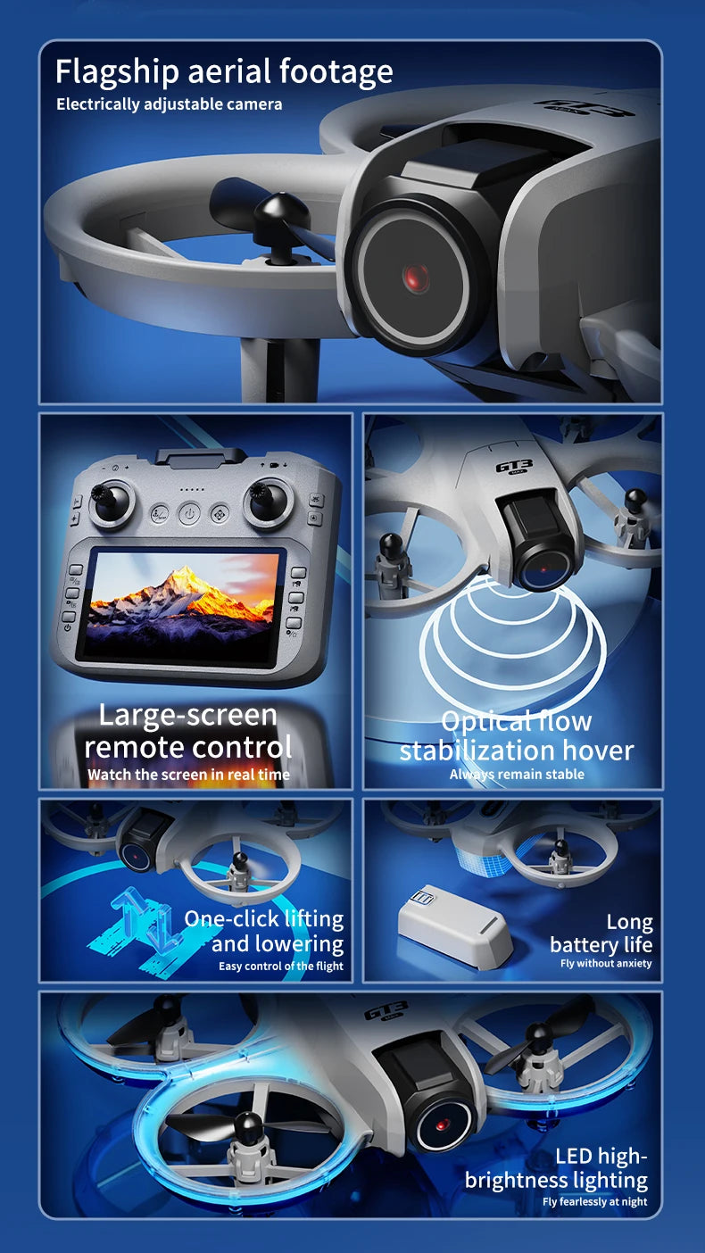 GT3 Mini Dual Camera Drone 6K/8K – Obstacle Avoidance FPV Quadcopter with LED Lights, Optical Flow, 360° Flip & App Control