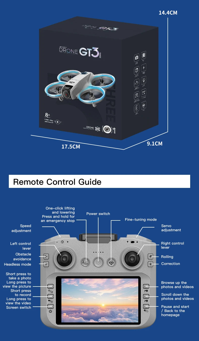 GT3 Mini Dual Camera Drone 6K/8K – Obstacle Avoidance FPV Quadcopter with LED Lights, Optical Flow, 360° Flip & App Control